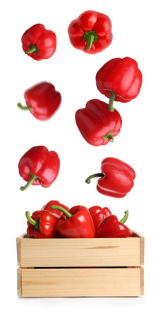 Red bell peppers falling into wooden crate on white backgroundの写真素材
