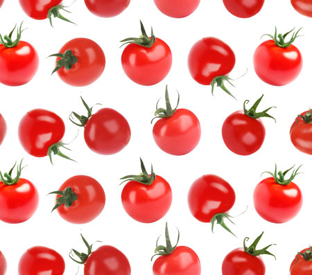 Collage with ripe tomatoes on white background. pattern designの写真素材