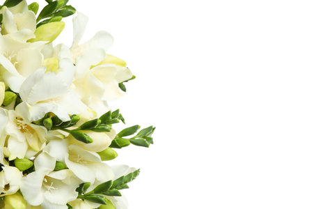 Beautiful aromatic freesia bouquet isolated on whiteの写真素材