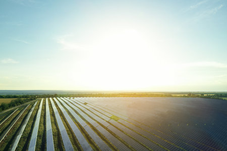 Solar panels installed outdoors, aerial view. alternative energy sources