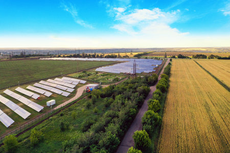 Solar panels installed outdoors, aerial view. alternative energy sources