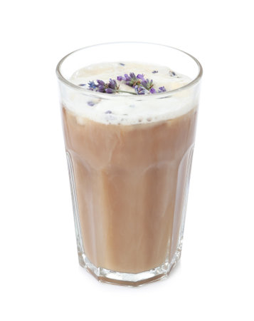 Delicious coffee with lavender isolated on whiteの写真素材