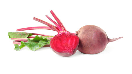 Raw ripe beets with stems isolated on white