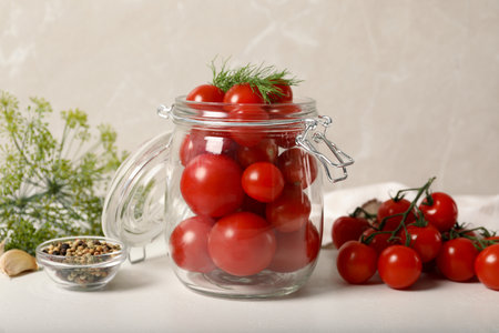 Pickling jar with fresh tomatoes on white tableの写真素材