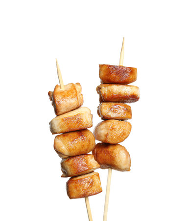 Delicious chicken shish kebabs on white backgroundの写真素材