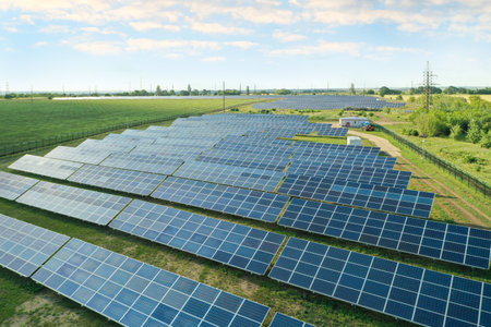 Solar panels installed outdoors, aerial view. alternative energy sources