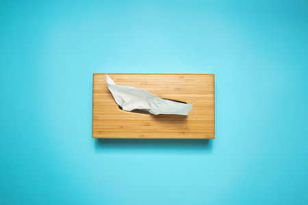 Wooden holder with paper tissues on light blue background, top viewの写真素材