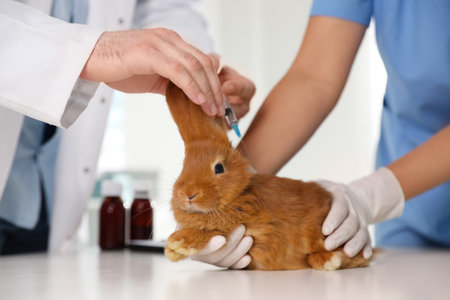 Professional veterinarians vaccinating bunny in clinic, closeupの写真素材