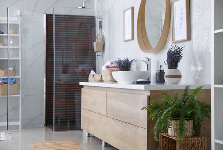 Bathroom interior with shower stall and counter. Idea for design