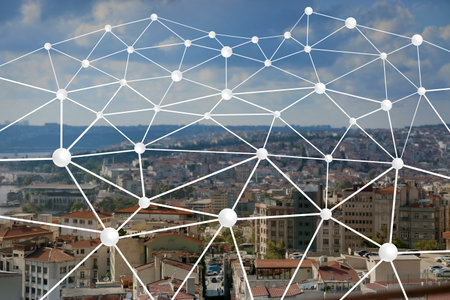 machine learning concept. Digital web over blurred cityscape