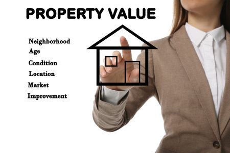 Real estate agent using virtual screen with house illustration, closeup. property value conceptの写真素材
