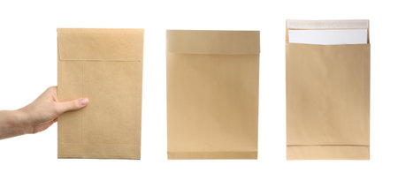 Collage with photo of woman holding paper envelope on white background. banner design