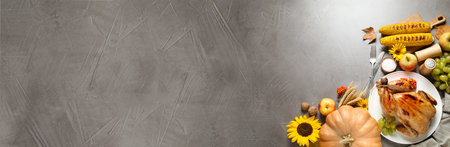 Tasty turkey served on gray table, top view with space for text. banner design