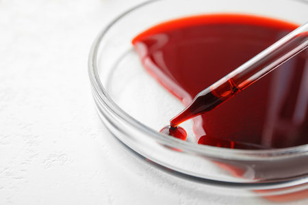 Dripping blood from pipette into Petri dish on table, closeup. laboratory analysisの写真素材