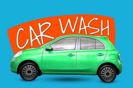 Text Car Wash and modern automobile on light blue backgroundの写真素材