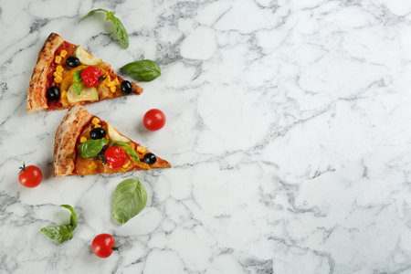 Delicious vegetable pizza on white marble table, flat lay. Space for textの写真素材