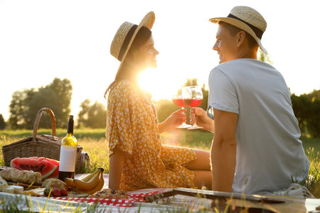 Happy couple having picnic in park on sunny dayの写真素材
