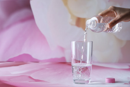 Woman pouring water from bottle into glass on color background, closeup. Space for text