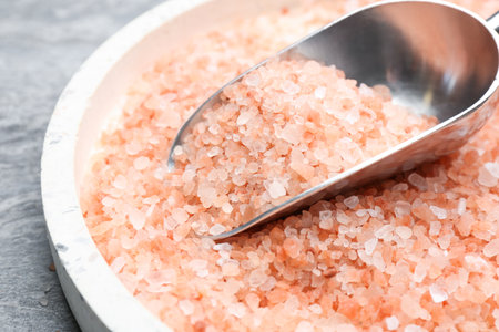 Scoop and plate with pink himalayan salt on gray table, closeupの写真素材