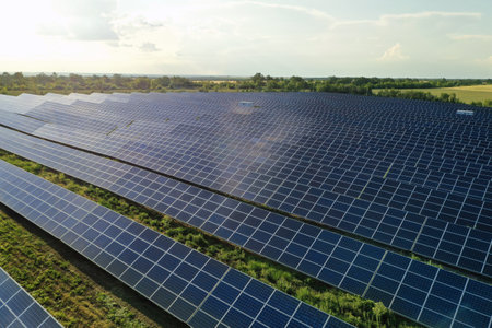 Solar panels installed outdoors, aerial view. alternative energy sources