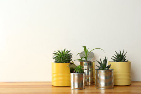 Beautiful houseplants in tin cans on wooden table. Space for textの写真素材