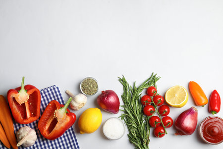 Flat lay composition with ingredients for cooking on white background. Space for textの写真素材