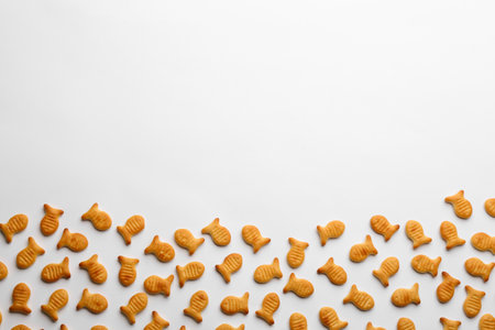 Delicious goldfish crackers on white background, top viewの写真素材