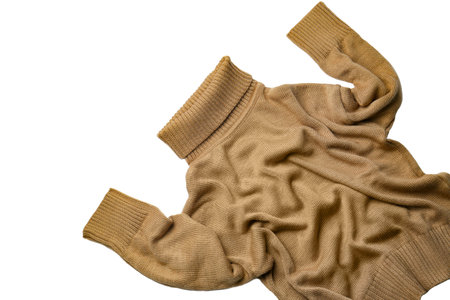 Brown turtleneck sweater on white background, top view