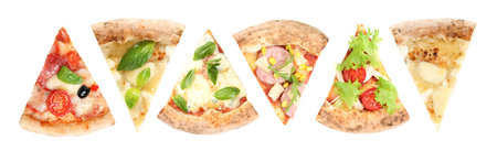 Set with pieces of different pizzas on white background, top view. Banner designの写真素材
