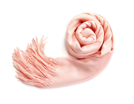 Stylish rolled scarf on white background, top viewの写真素材