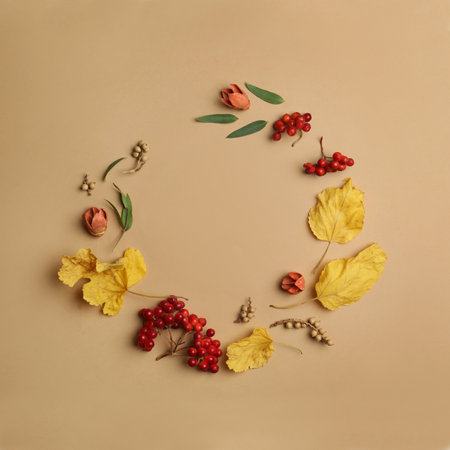 Dried flowers, leaves and berries arranged in shape of wreath on beige background, flat lay with...