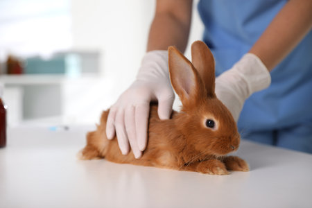 Professional veterinarian examining bunny in clinic, closeupの写真素材