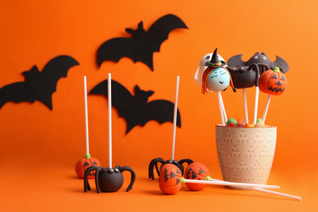 Delicious Halloween themed cake pops on orange backgroundの写真素材