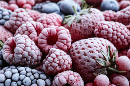 Mix of different frozen tasty berries as background, closeupの写真素材