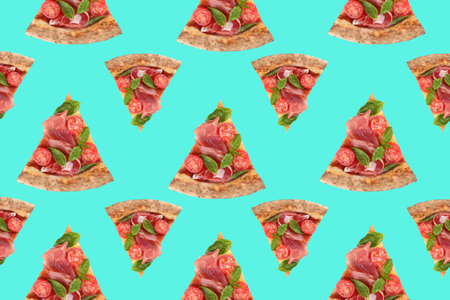 Pizza slices on light blue background. pattern designの写真素材