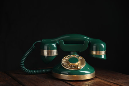 Vintage corded phone on wooden table against black backgroundの写真素材