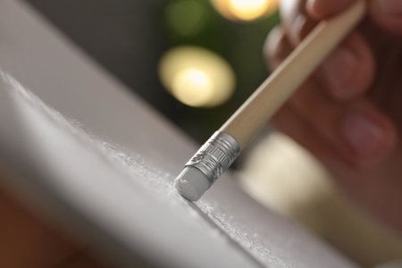 Man correcting picture on paper with pencil eraser, closeup