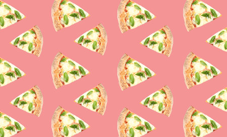 Cheese pizza slices on pale pink background. pattern designの写真素材