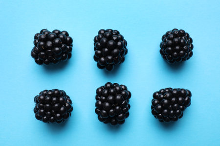 Tasty ripe blackberries on light blue background, flat layの写真素材