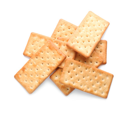 Delicious crispy crackers isolated on white, top viewの写真素材