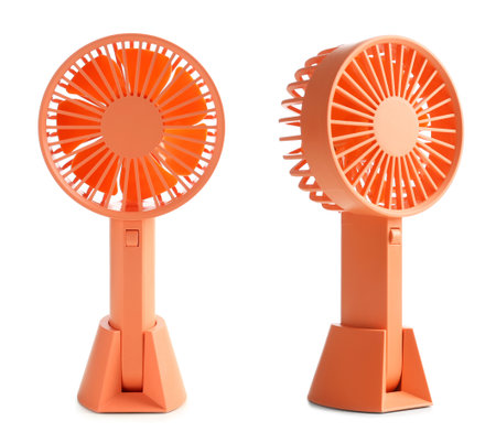 Bright orange fan on white background, collage with views from different sidesの写真素材