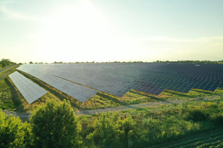 Solar panels installed outdoors, aerial view. alternative energy sources