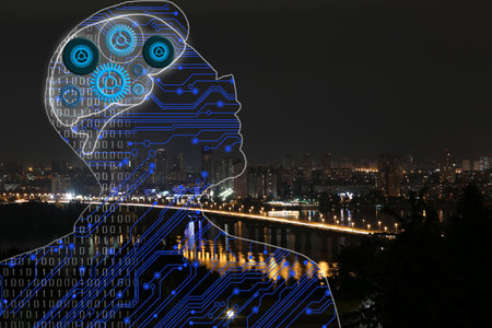 Illustrated man with virtual brain and night cityscape on background. machine learning concept