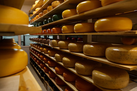 Fresh cheese heads on rack in factory warehouseの写真素材