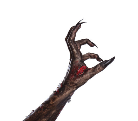 Scary monster on white background, closeup of hand. halloween character
