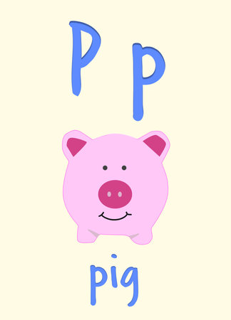 Learning English alphabet. Card with letter P and pig, illustrationの写真素材