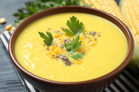 Delicious creamy corn soup on table, closeupの写真素材