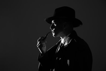 Old fashioned detective with smoking pipe on dark background, black and white effectの写真素材
