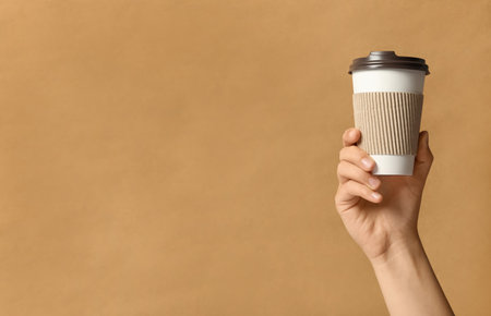 Woman holding takeaway paper coffee cup with cardboard sleeve on brown background, closeup. Space for textの写真素材