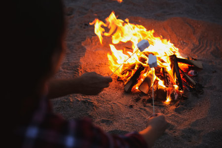 People roasting marshmallows over burning firewood on beach, closeup